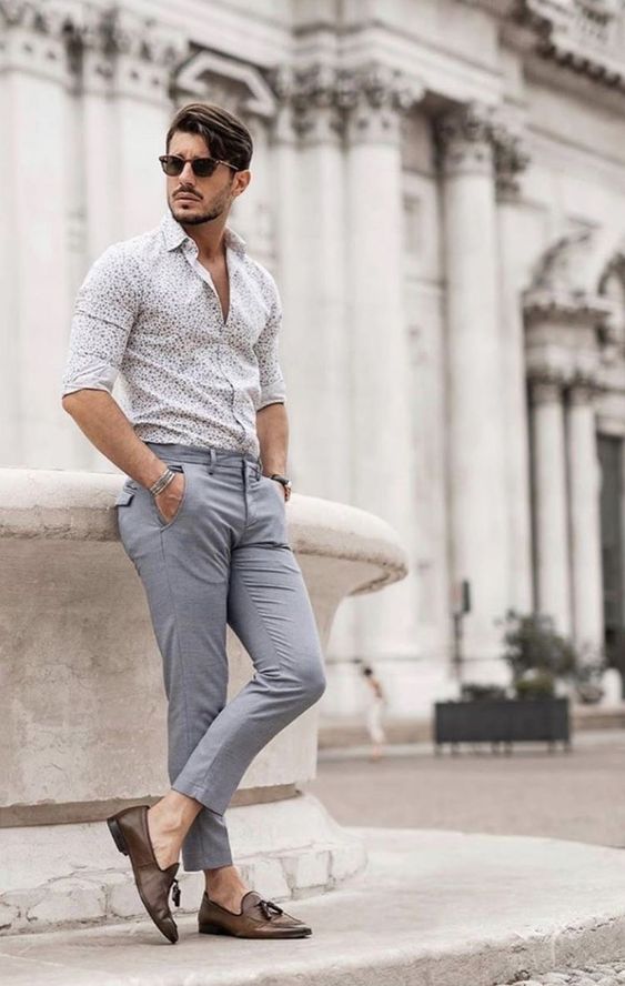 White Patterned Shirt with Light Gray Pants